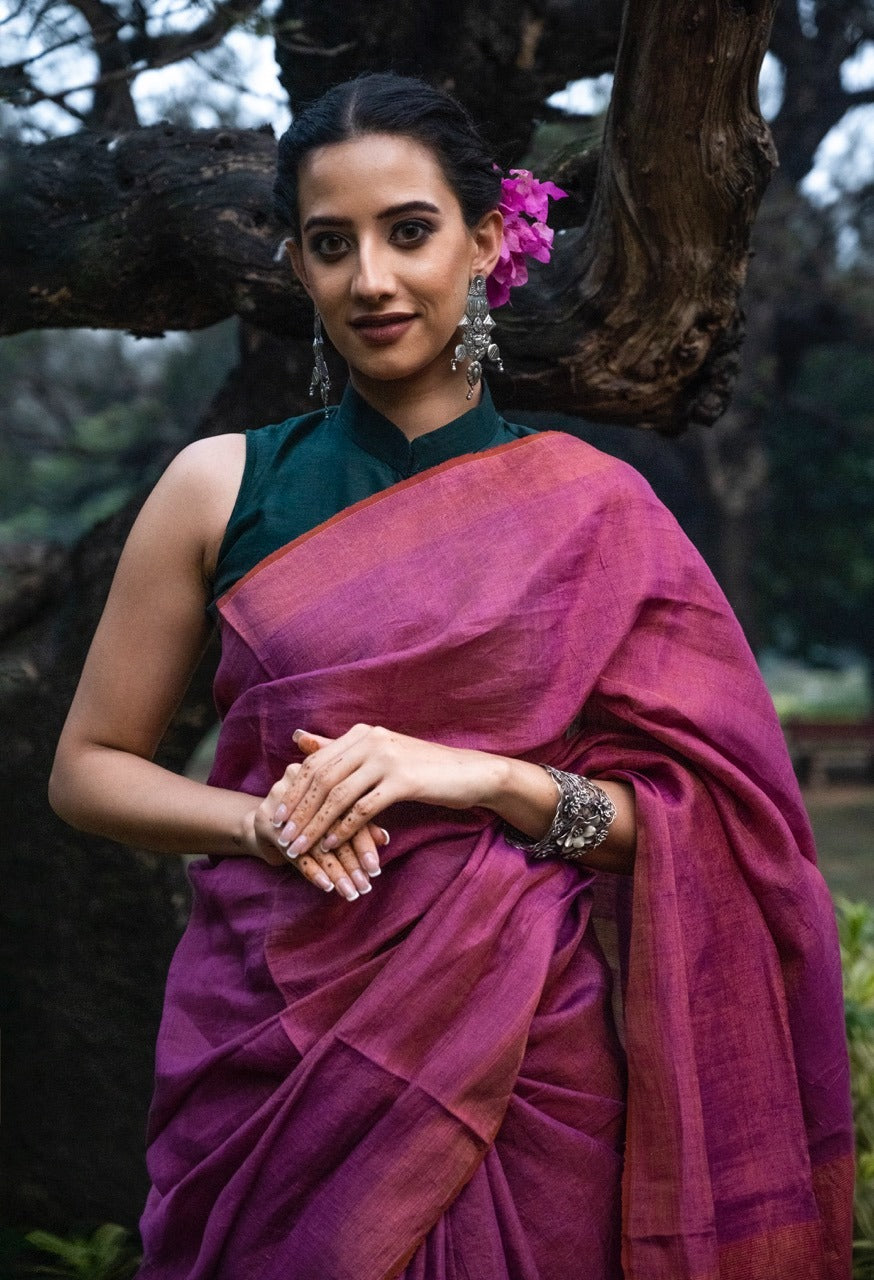 Handloom Tissue Linen Saree in Dual Shade Plum and Copper