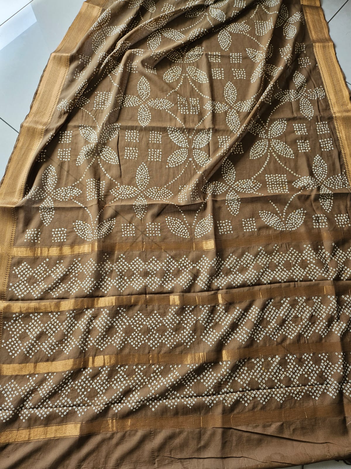 Brown to Grey Half and Half Venkatgiri Cotton Bandhani Saree