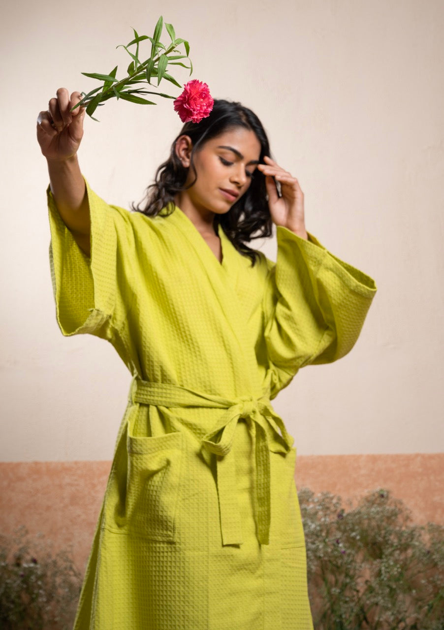 Green Unisex Cotton Waffle Bath Robe