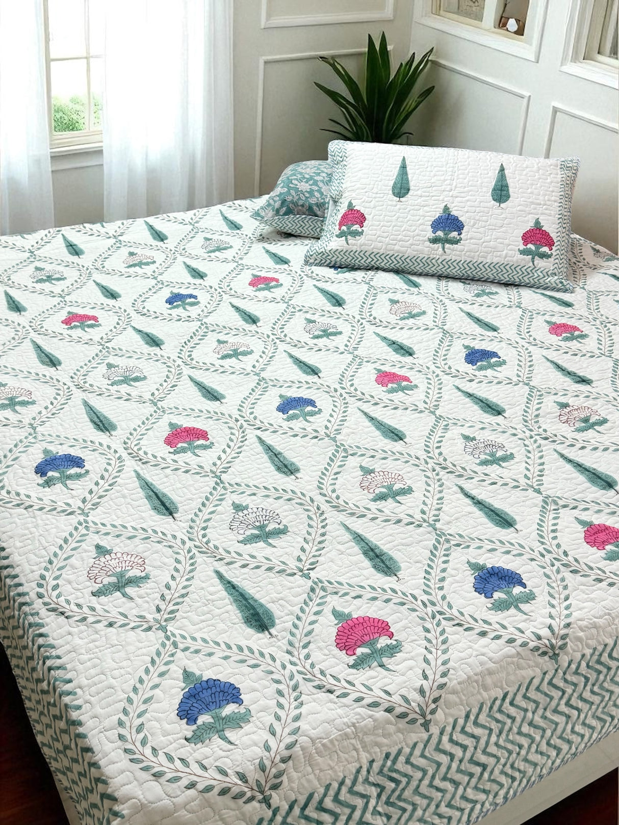 KING Size Quilted Blockprint REVERSIBLE Mulmul Bedcover (108*108 inches)