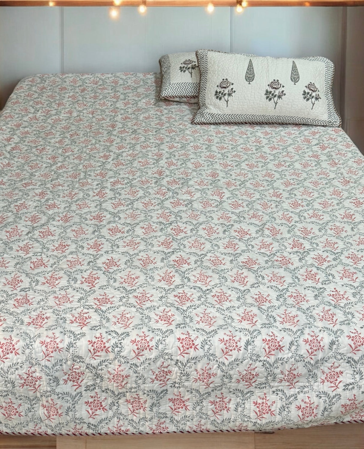 KING Size Quilted Blockprint REVERSIBLE Mulmul Bedcover (108*108 inches)