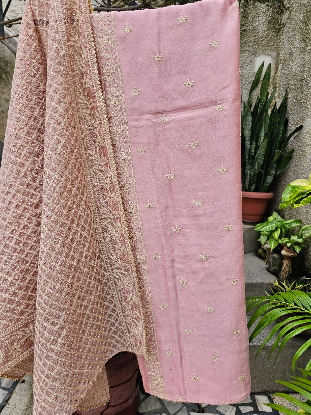 3 Piece Chanderi mulmul Unstitched Suit Set in Shade of Pink