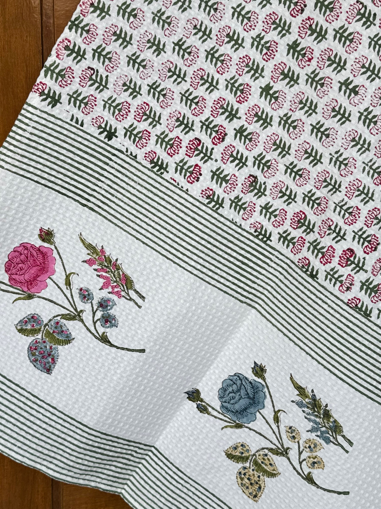 Rose Flowers Blockprint Cotton Towel- Waffle Weave