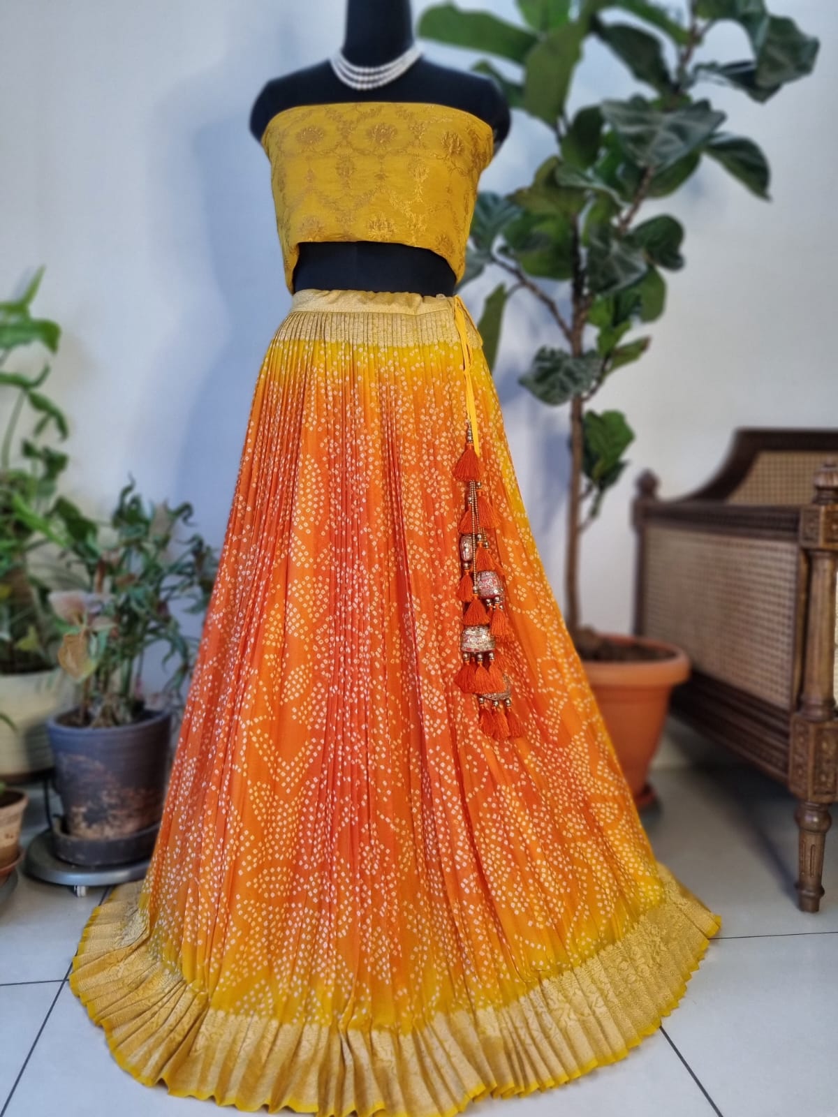 Yellow and Orange - Pure Banarsi georgette Rai Bandhani Lehenga