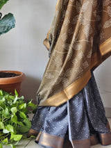 Brown to Grey Half and Half Venkatgiri Cotton Bandhani Saree