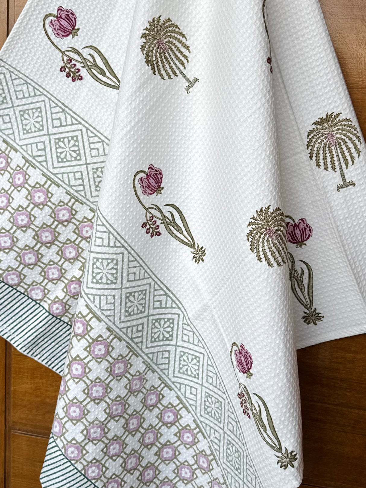 Subtle Floral Blockprint Cotton Towel- Waffle Weave