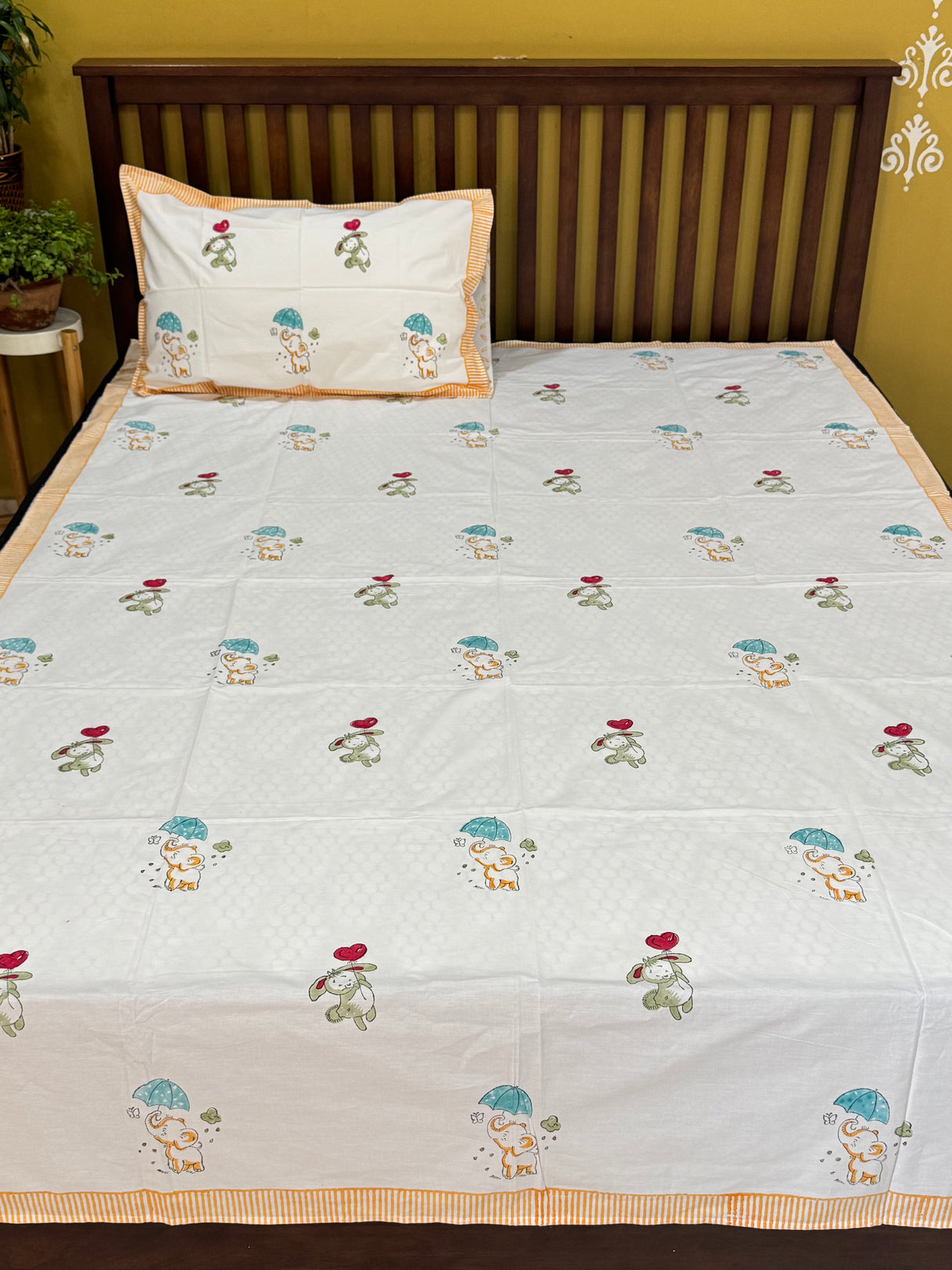 Cute Elephant Handblock Printed Kids Cotton Bedsheet