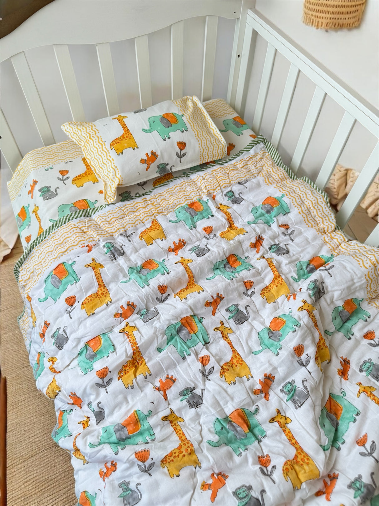 Animals Cot Set- Blockprint (1 quilt, 1 cot sheet, 1 pillow case)