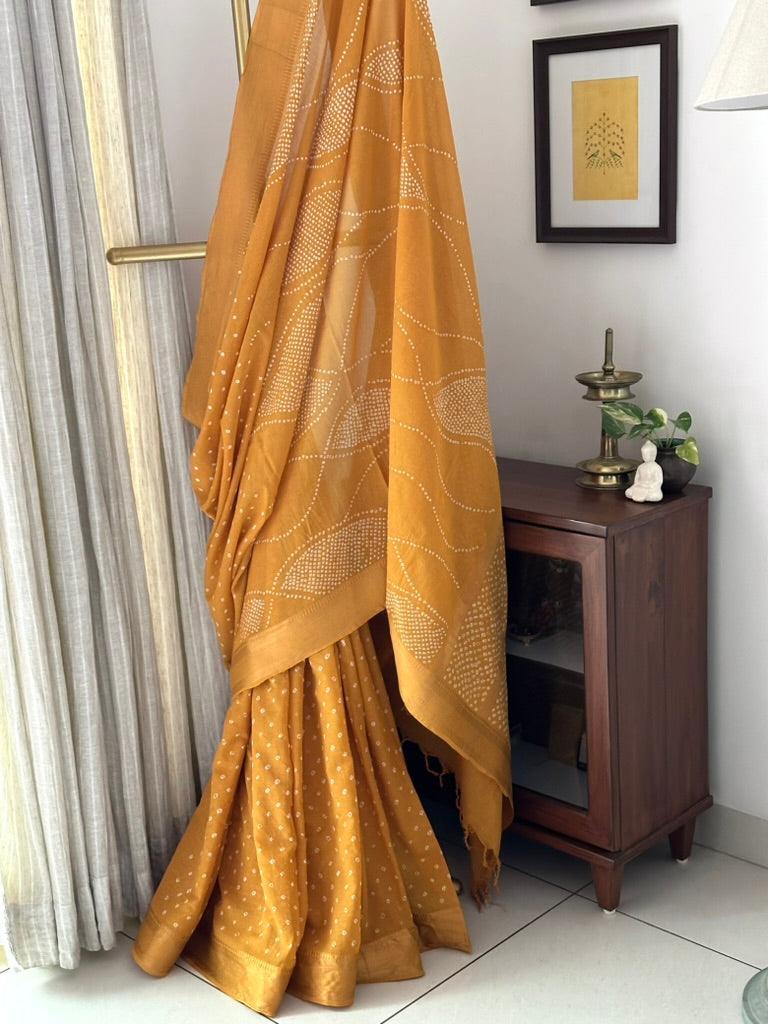 Yellow Ocre Half and Half Mangalagiri Cotton Bandhani Saree