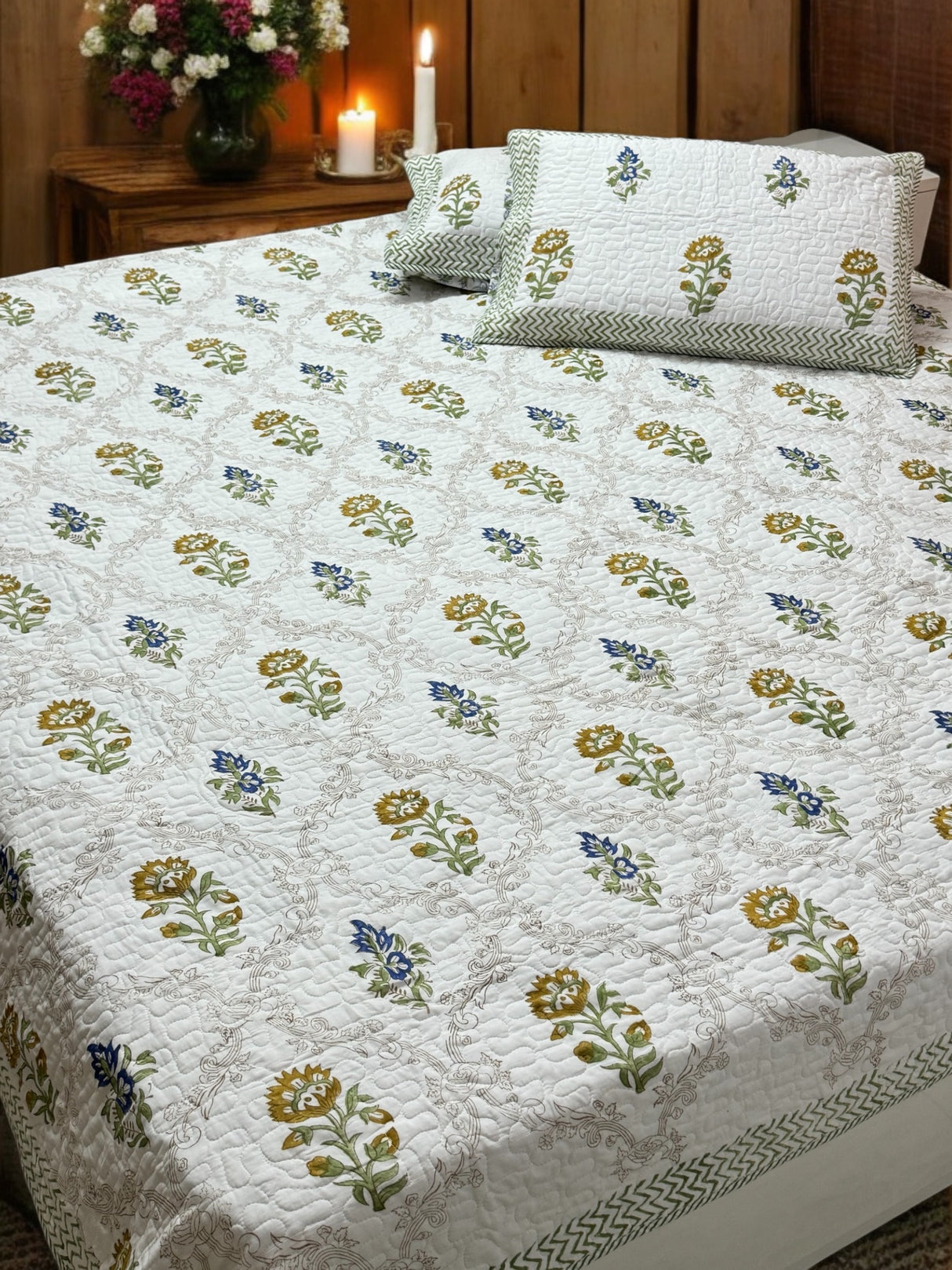 KING Size Quilted Blockprint REVERSIBLE Mulmul Bedcover (108*108 inches)