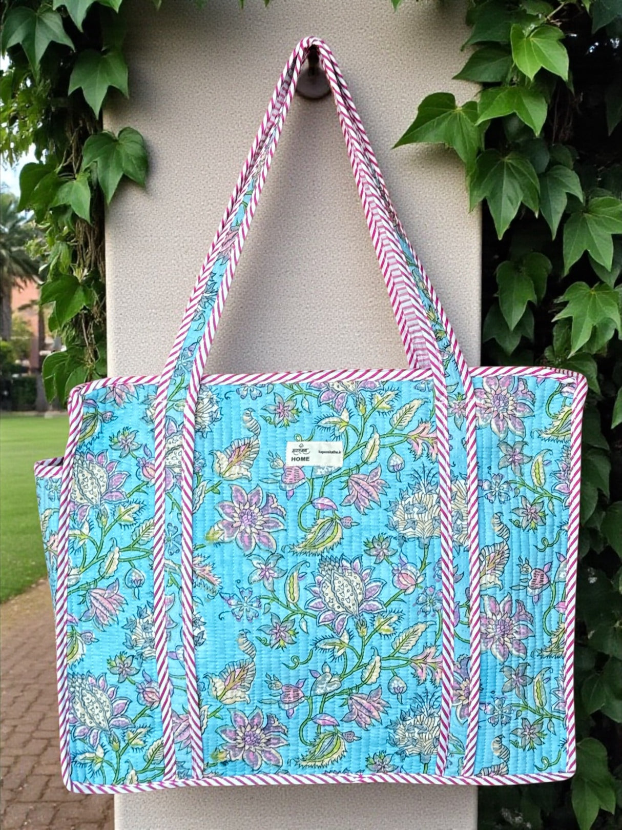 Vibrant Sky Blue & Pink Floral Block Print Handcrafted Tote Bag (with Zip Closure)
