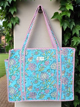 Vibrant Sky Blue & Pink Floral Block Print Handcrafted Tote Bag (with Zip Closure)