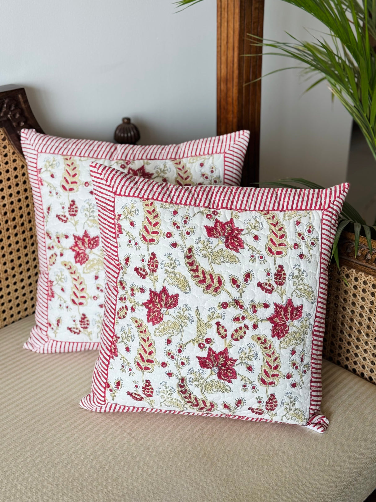 Pair of Quilted Handblock Printed Cushion Covers- 16*16 inches