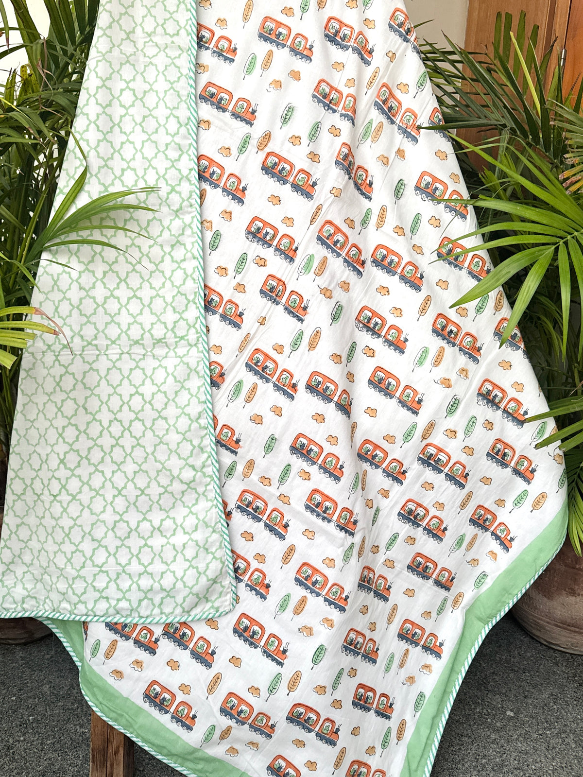 Train Ride Hand Block Printed Layered Kids Blanket