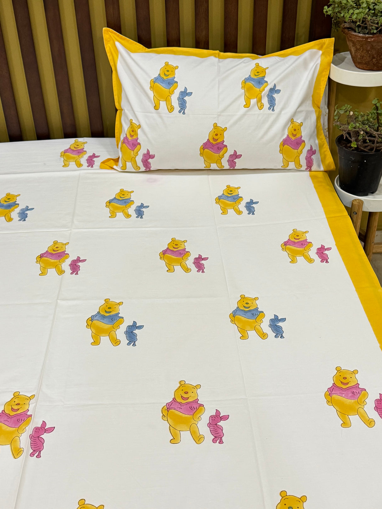 Pink Pooh Blockprint Cotton Bedsheet