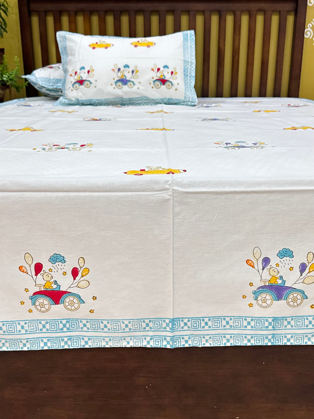 Cars and Balloons Handblock Printed Kids Cotton Bedsheet