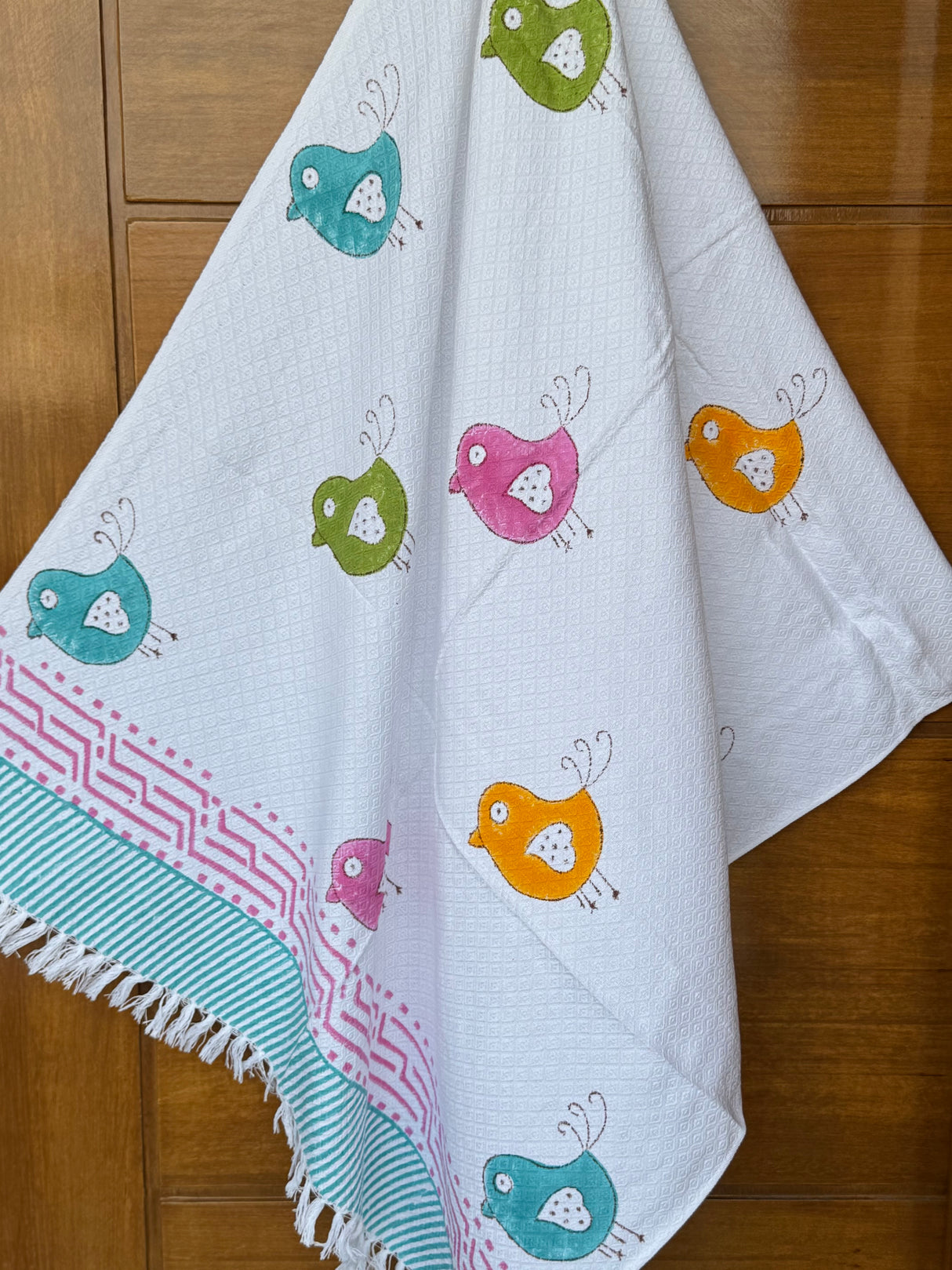 Cute Birds Blockprint Kids Towel – Cotton Jacquard Weave