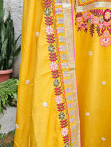 The festive Chanderi Mulmul 3 Piece Semi Stitched Suit Set in Yellow Colour