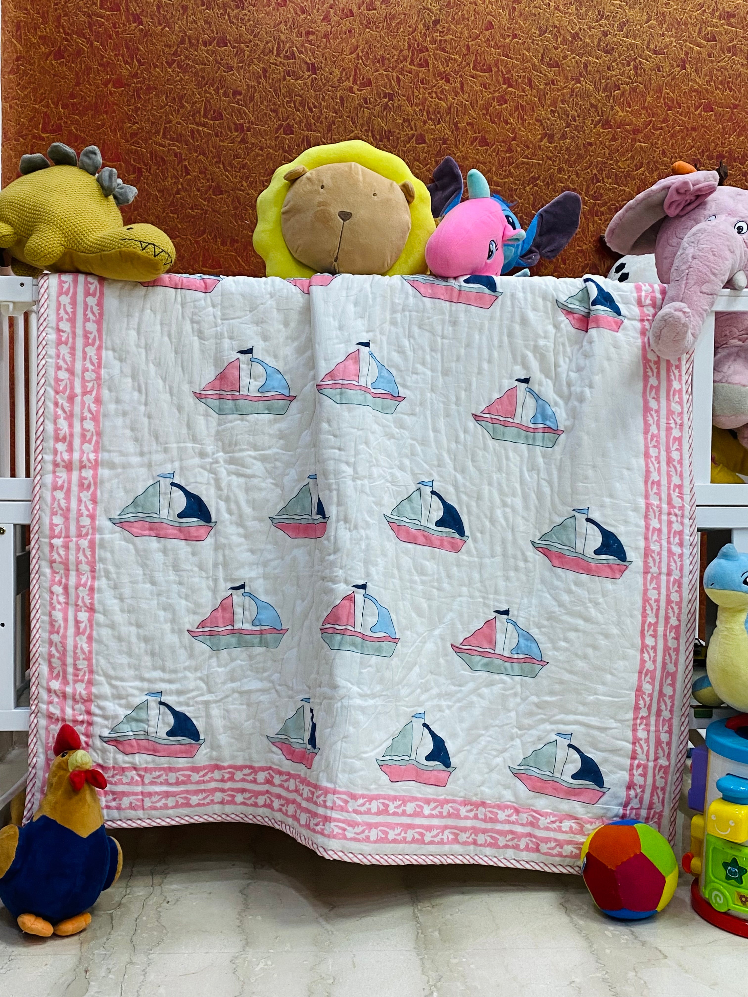 Boat Kids Quilt Handblock Printed- 60*40 inches