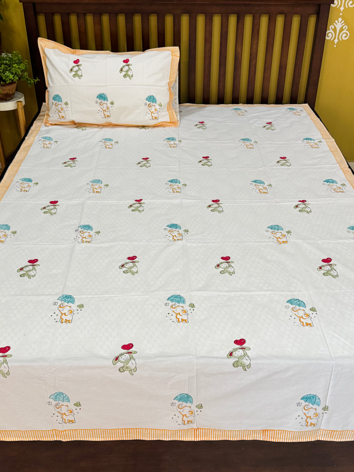 Cute Elephant Handblock Printed Kids Cotton Bedsheet