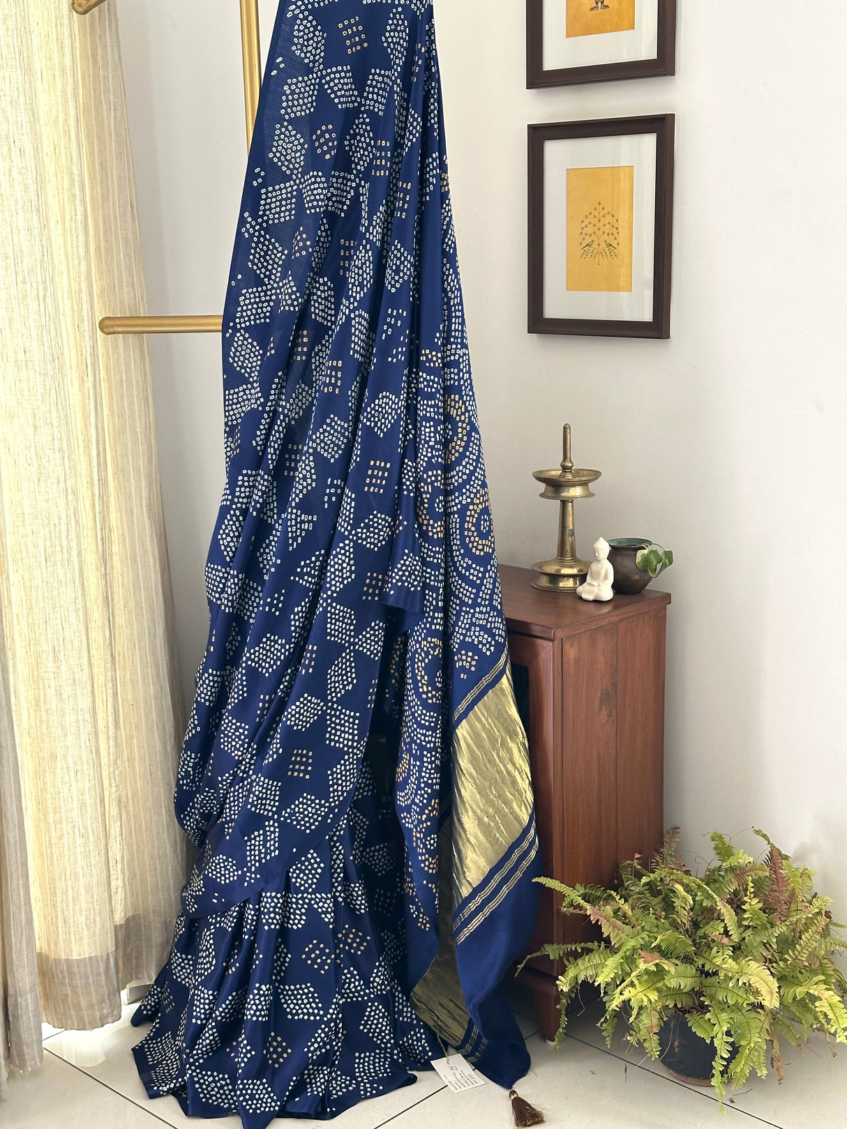 Blue Floral Pure Gajji Silk Bandhani Saree