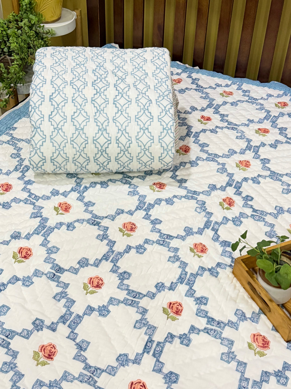 Spring Repose Handblock Print Reversible Mulmul Quilt