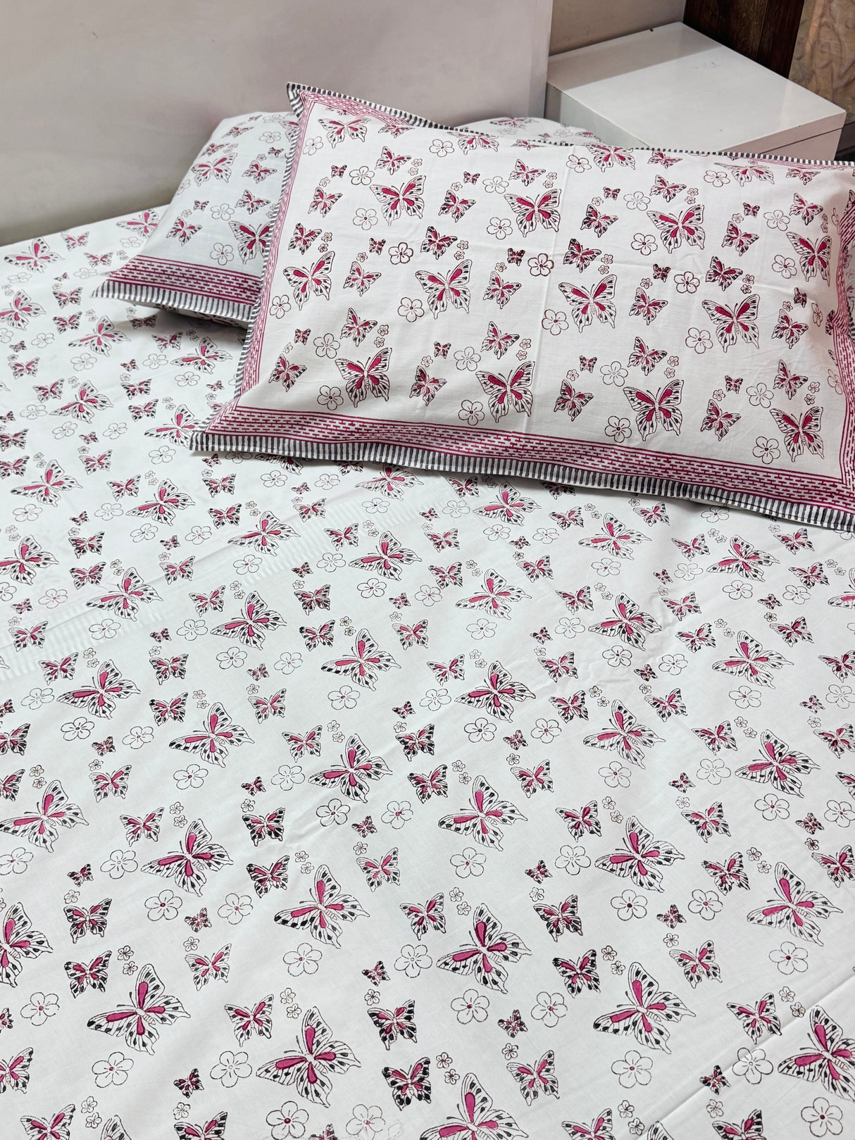 Pink Butterfly Blockprint Cotton Bedsheet