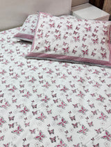 Pink Butterfly Blockprint Cotton Bedsheet