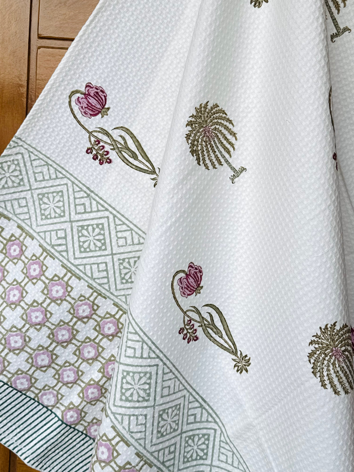 Subtle Floral Blockprint Cotton Towel- Waffle Weave