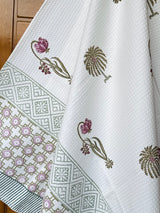 Subtle Floral Blockprint Cotton Towel- Waffle Weave