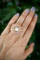Handcrafted Adjustable 92.5 Silver Ring with Moissanite polki and Imitation Rose Quartz