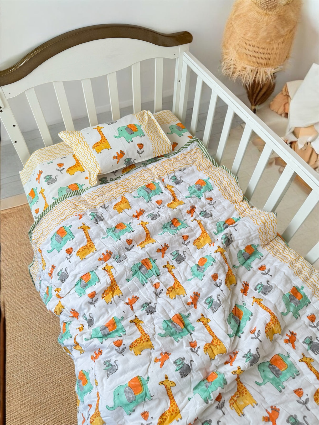 Animals Cot Set- Blockprint (1 quilt, 1 cot sheet, 1 pillow case)