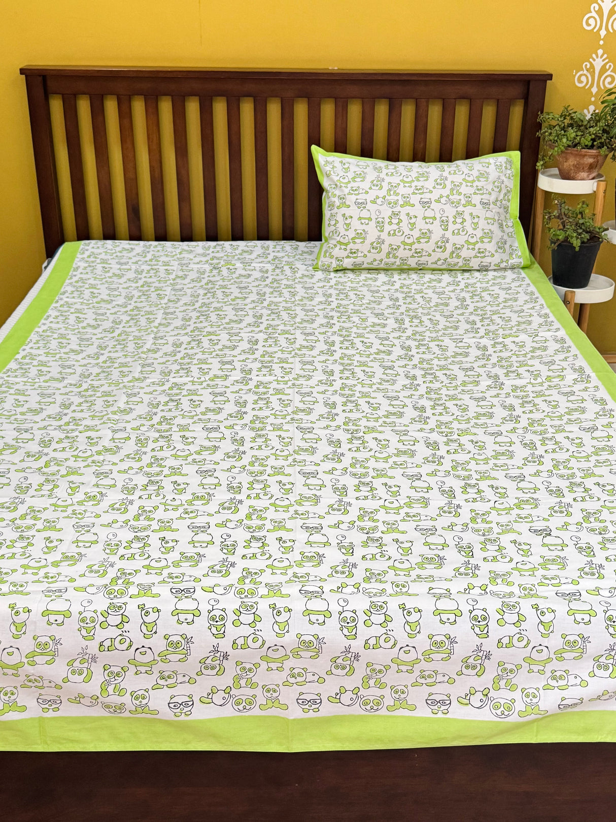 Green Panda Blockprint Cotton Bedsheet