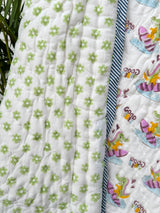Dinosaur Good Vibes Hand Block Printed Cotton Reversible Kids Quilt
