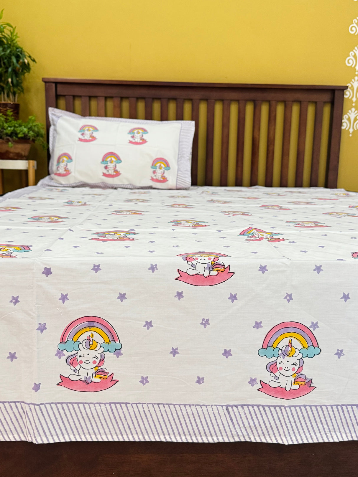 Unicorn World Handblock Printed Kids Cotton Bedsheet