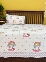 Unicorn World Handblock Printed Kids Cotton Bedsheet