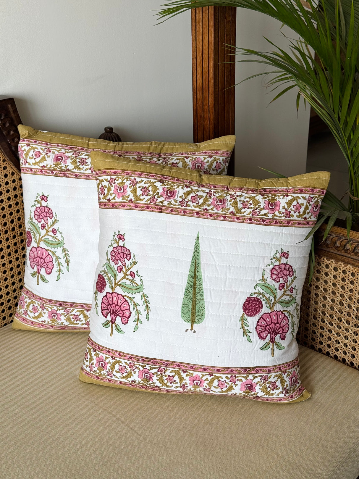 Pair of Quilted Handblock Printed Cushion Covers- 16*16 inches