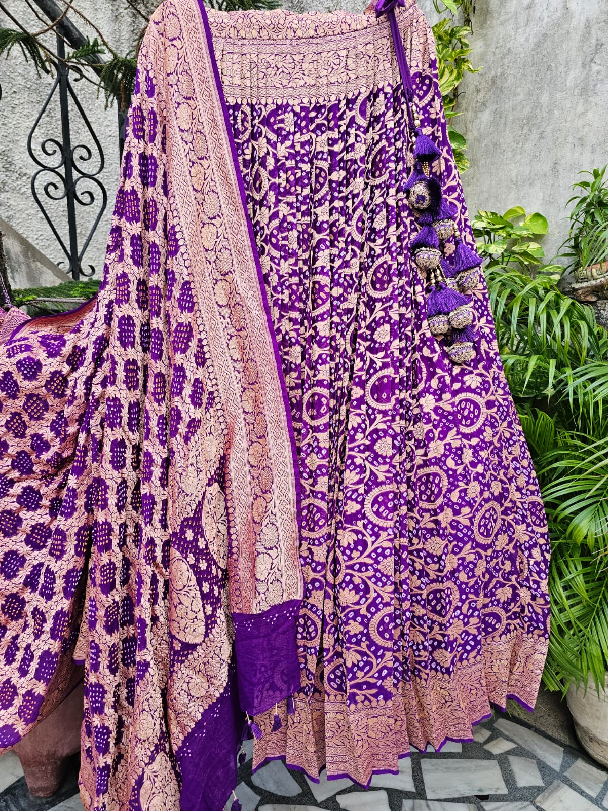 Gorgeous Purple Pure Banarsi Georgette Bandhani Lehenga with Dupatta