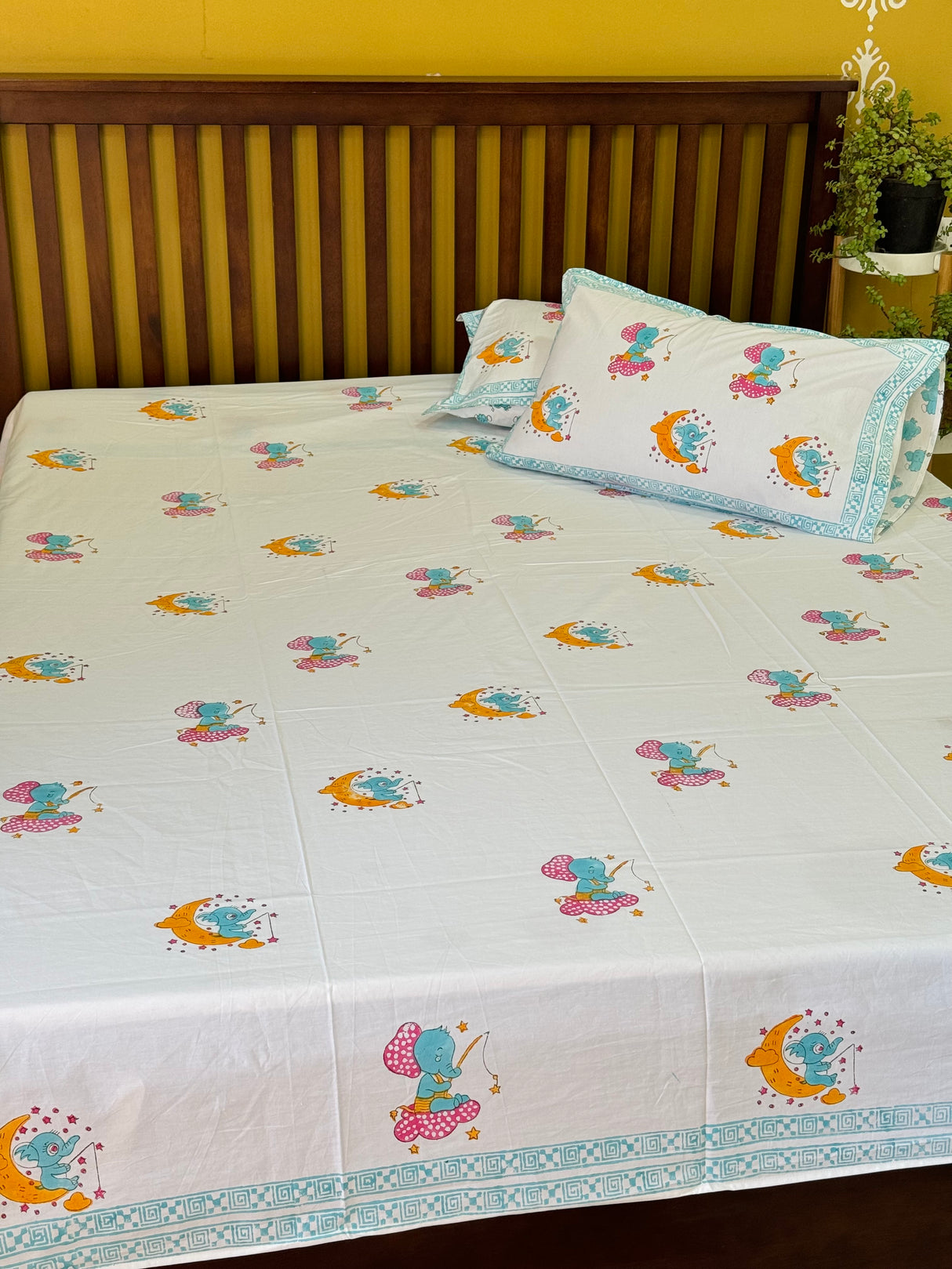 Cute Elephant Blockprint Cotton Bedsheet