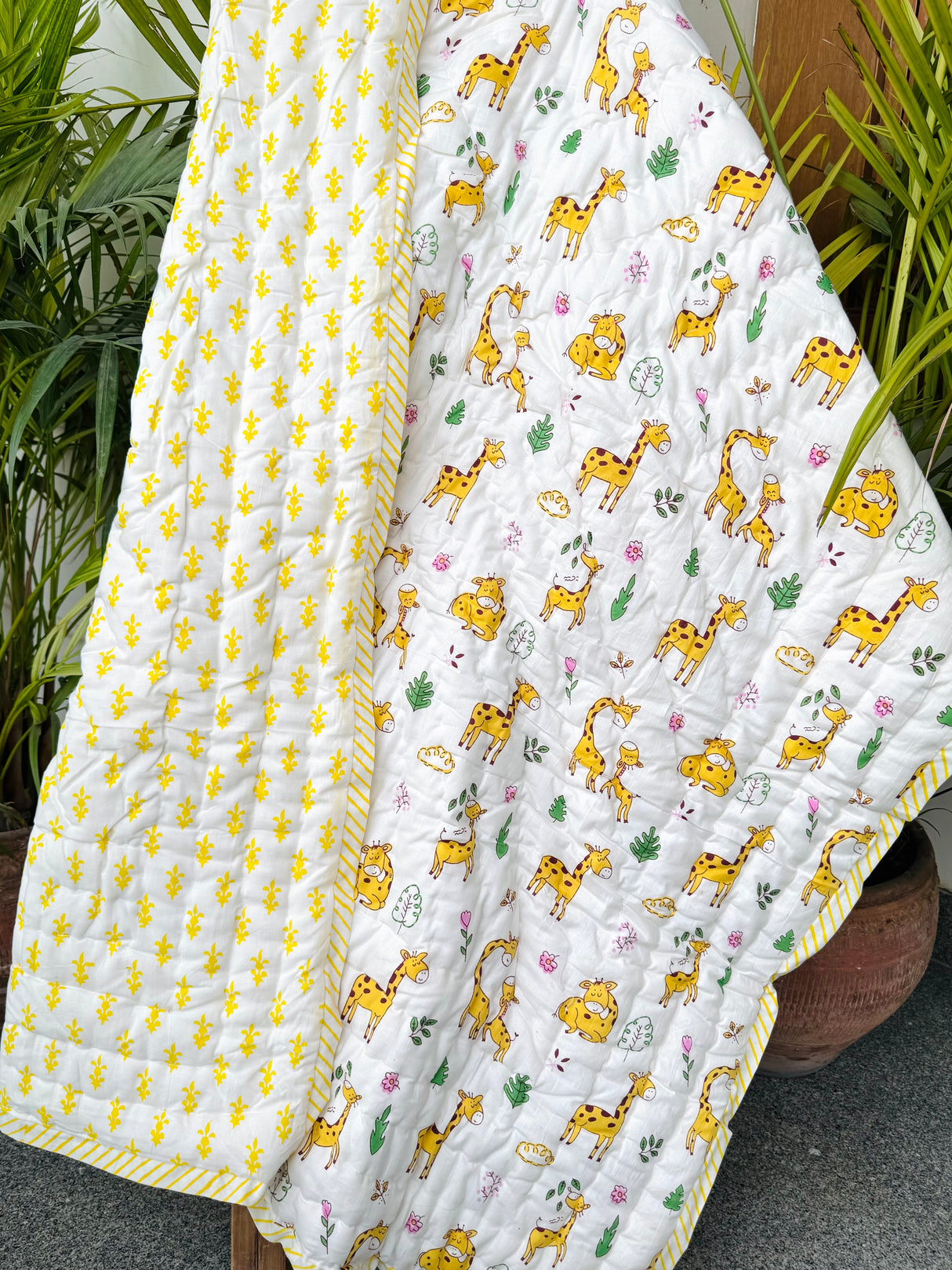 Yellow Giraffe Blockprint Kids Quilt