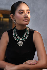 Regal 925 Silver Imitaion Emerald and Mossianite Polki Necklace and Earrings