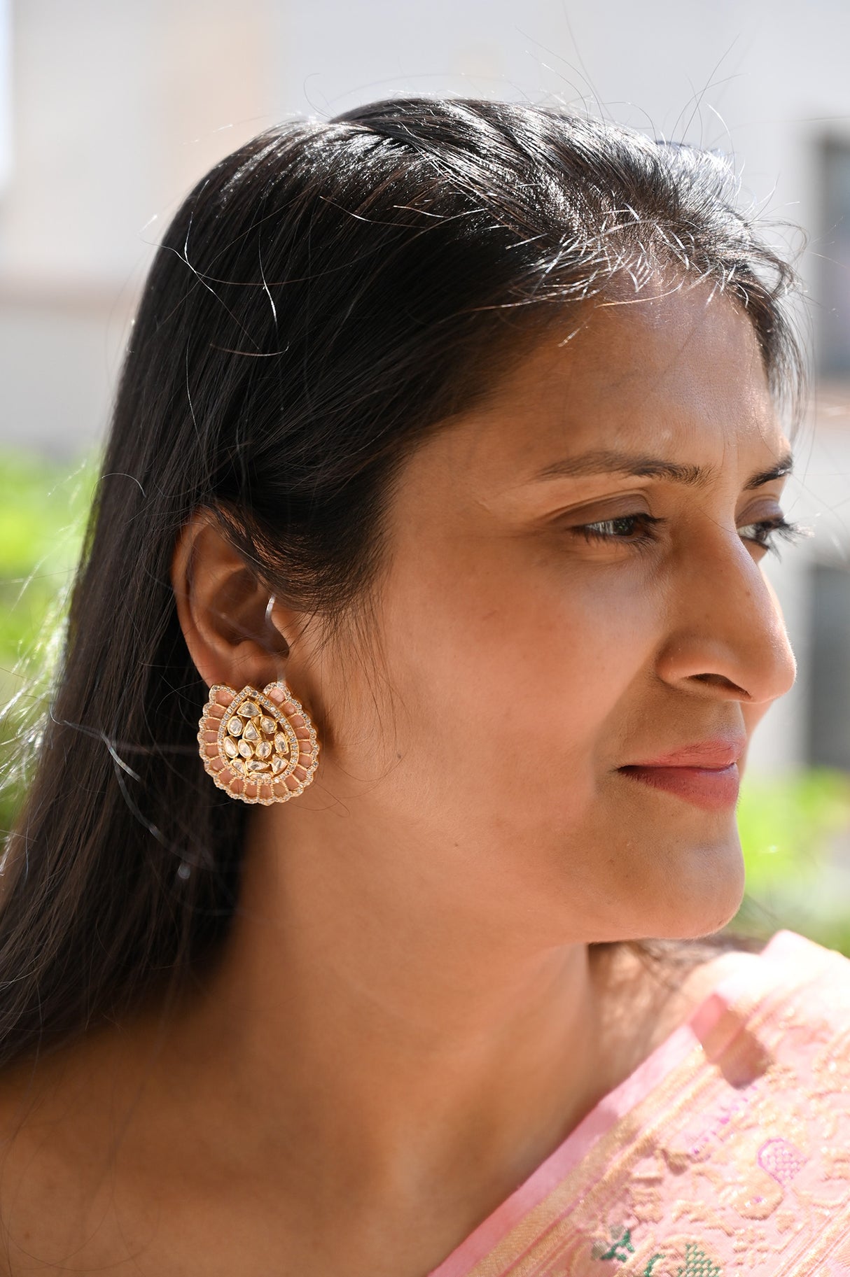 Teardrop Pattern Handcrafted 92.5 Silver Earrings with Imitation Peach stones