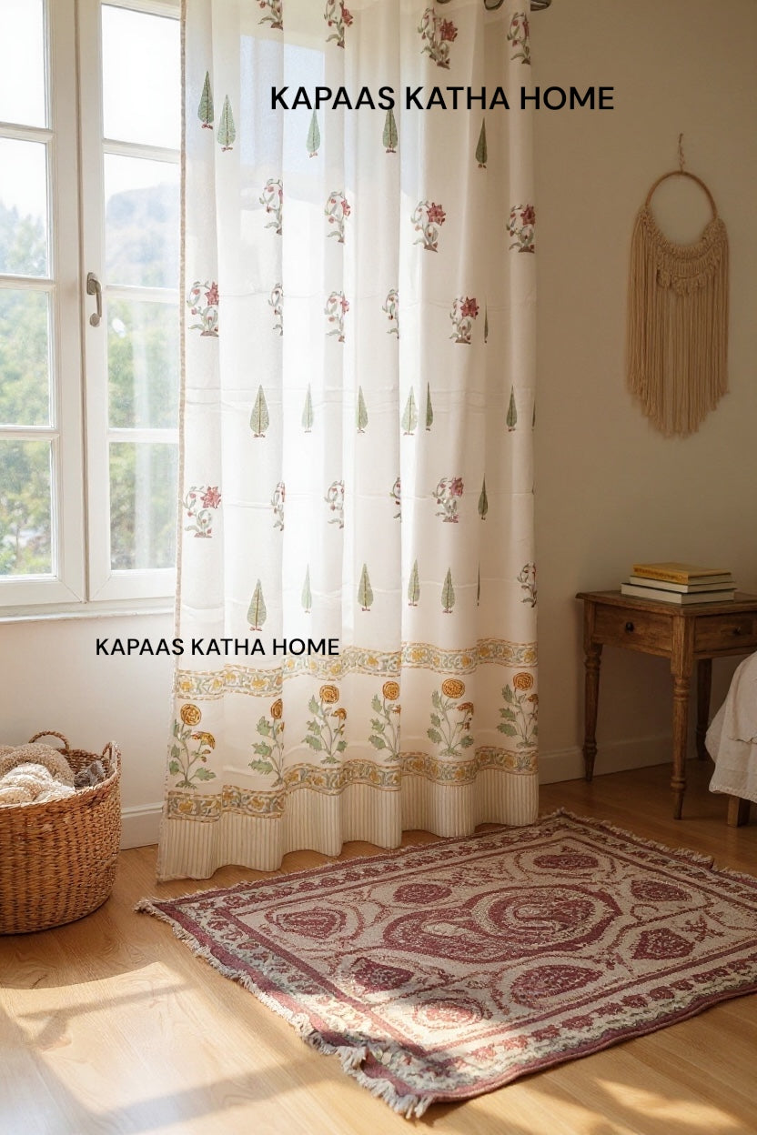 Elegant Floral Blockprint Cotton Curtain