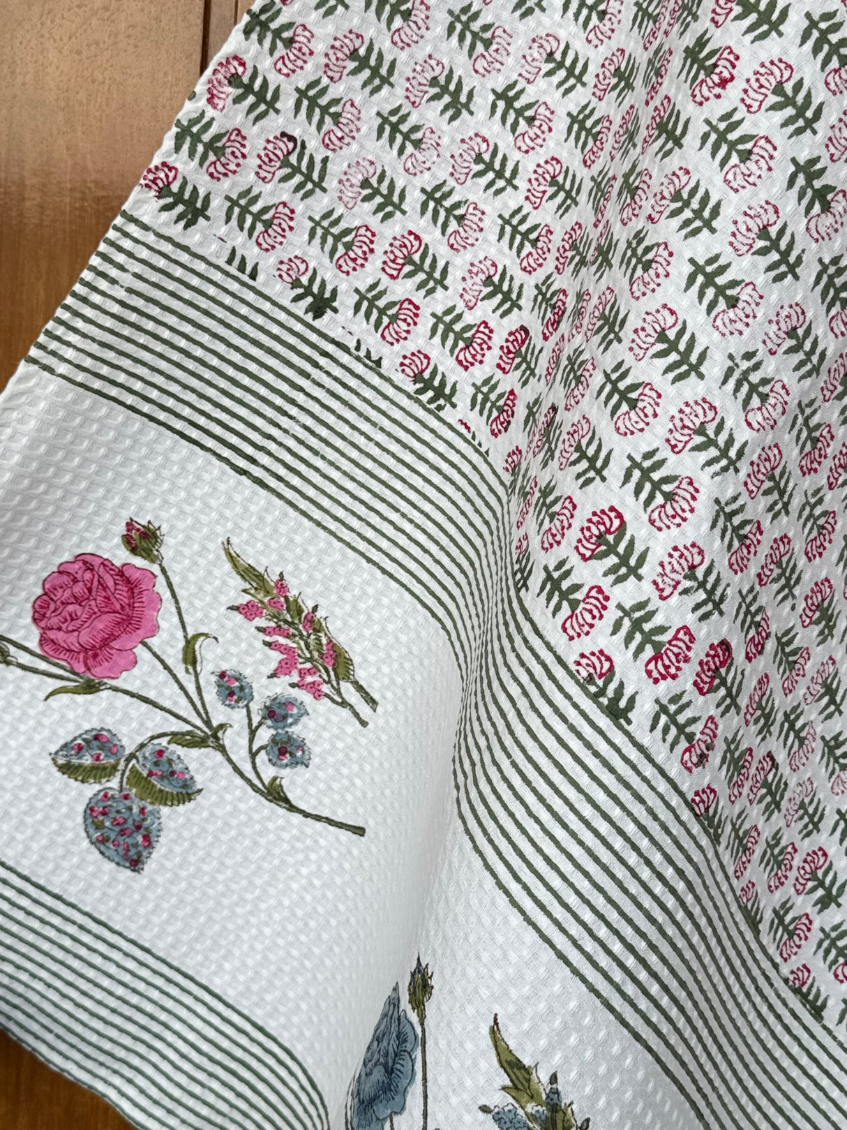 Rose Flowers Blockprint Cotton Towel- Waffle Weave