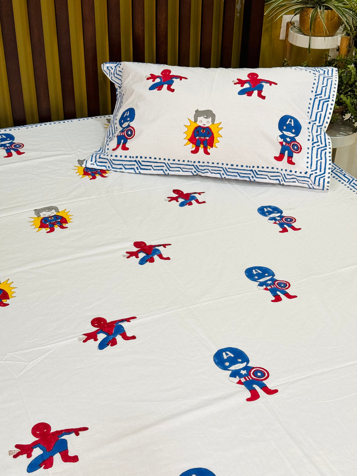 Super Heroes Blockprint Cotton Bedsheet