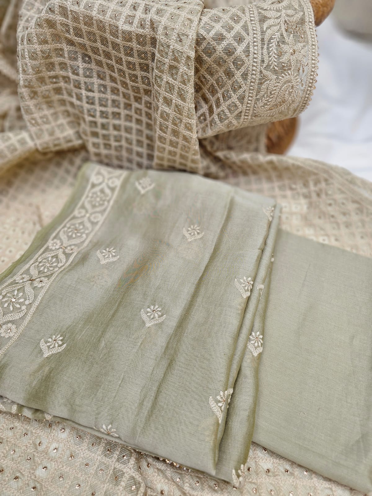 3 Piece Chanderi mulmul Unstitched Suit Set in Shade of Green