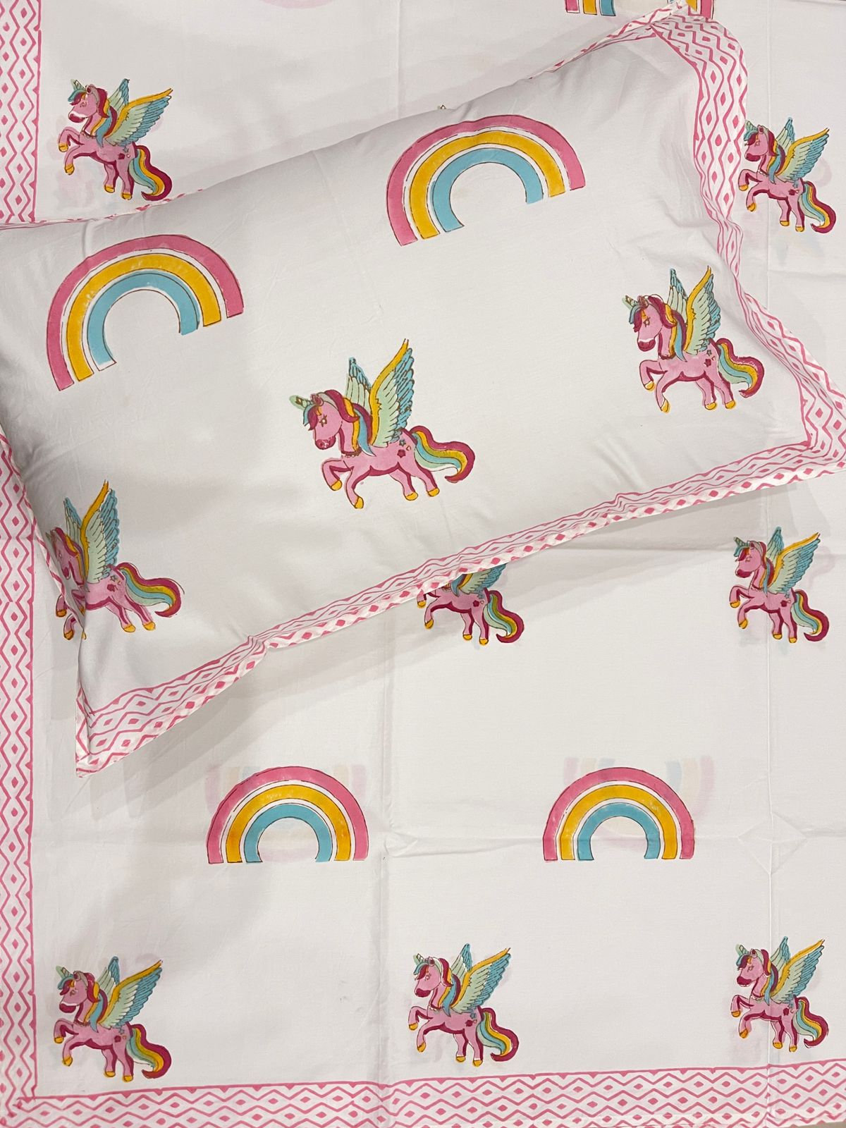 Unicorn Rainbow Handblock Printed Kids Cotton Bedsheet
