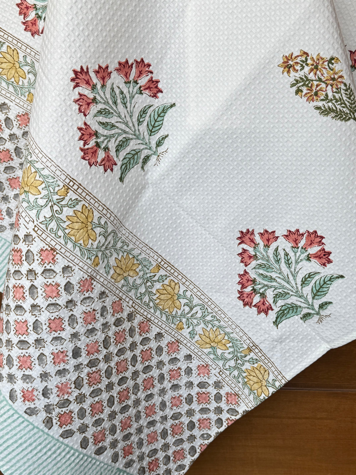 Elegant Flowers Blockprint Cotton Towel- Waffle Weave
