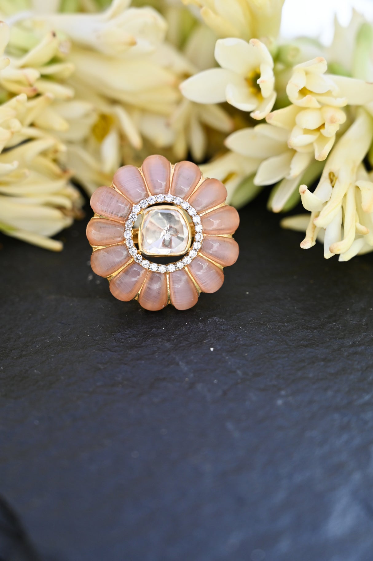 Handcrafted Adjustable 92.5 Silver Ring with Moissanite polki and Imitation Rose Quartz