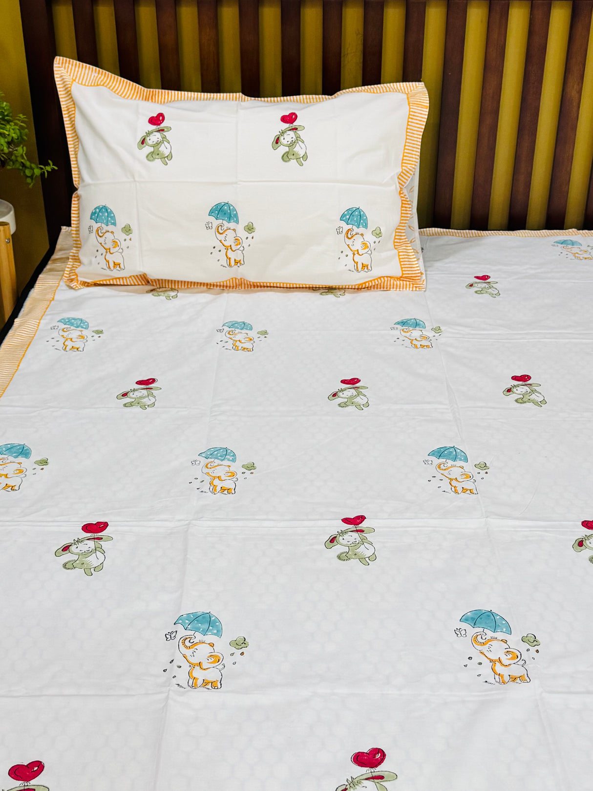 Cute Elephant Handblock Printed Kids Cotton Bedsheet